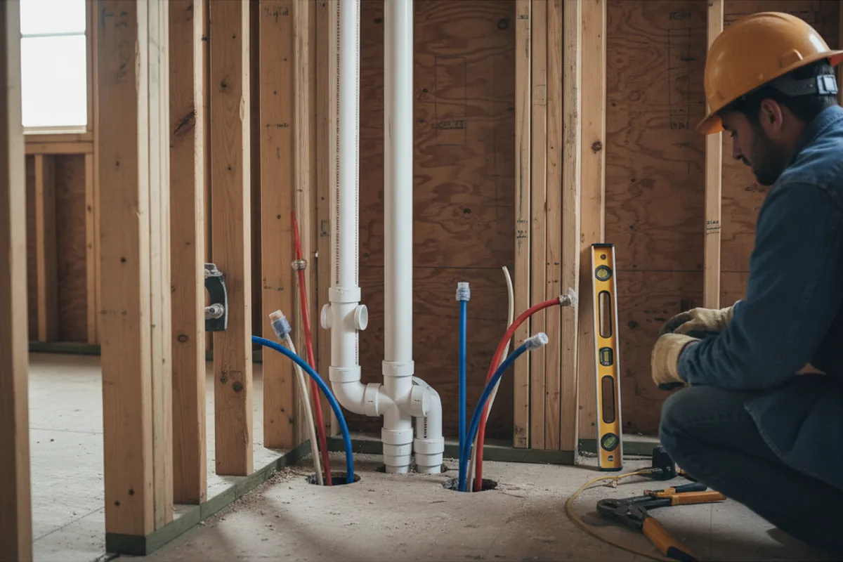 Drain and supply rough-in during Sump Pump Repair in Johnston